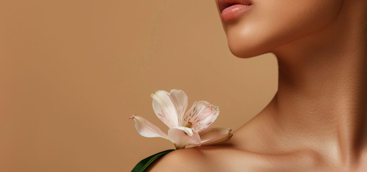 A beauty portrait highlighting a woman s smooth skin and soft features, complemented by a flower on her shoulder