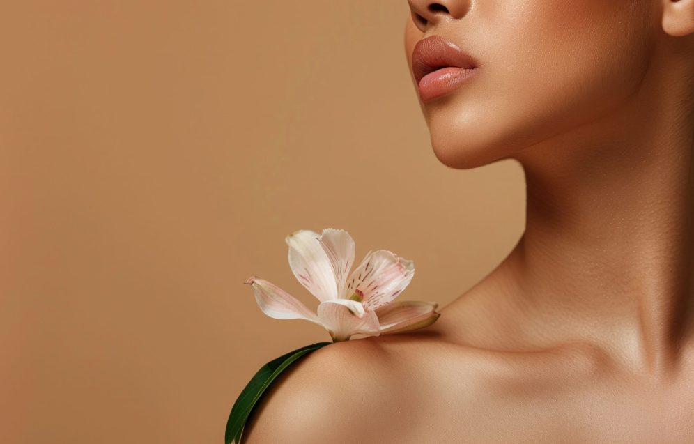 A beauty portrait highlighting a woman s smooth skin and soft features, complemented by a flower on her shoulder