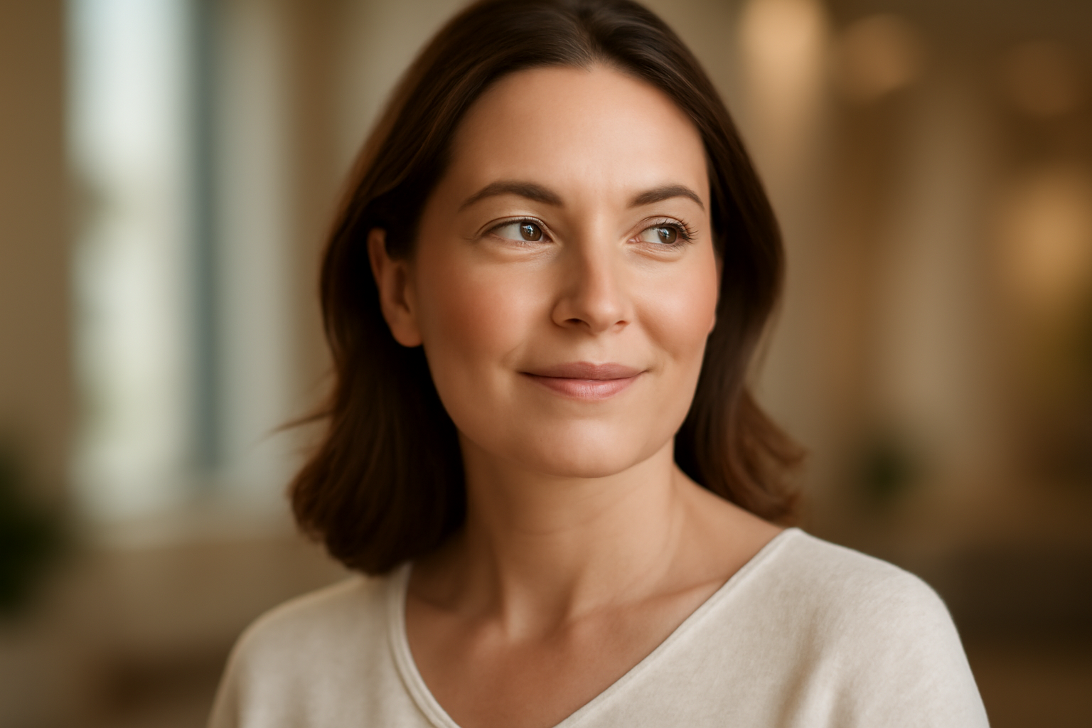 Woman with restored cheek and under-eye volume after Plasma BioFiller treatment for natural facial rejuvenation.
