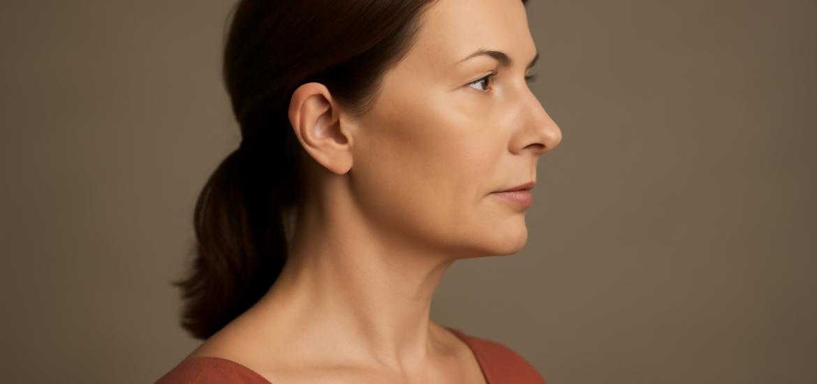 Side profile of woman with defined jawline and smooth neck after non-surgical skin tightening treatment in Tampa Bay.