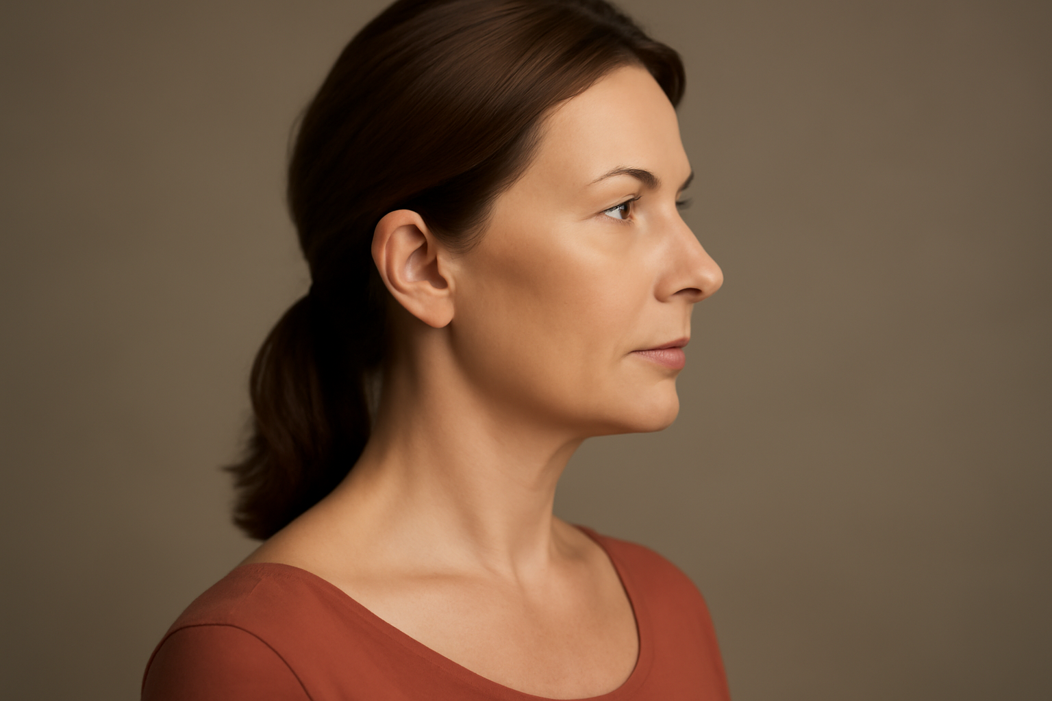 Side profile of woman with defined jawline and smooth neck after non-surgical skin tightening treatment in Tampa Bay.