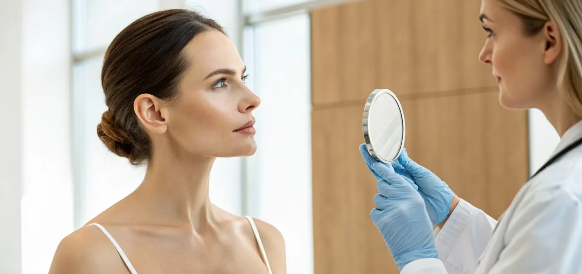 nose-filler-101-a-complete-beginners-guide-554861 Woman holding a mirror during a consultation for a nose filler treatment.