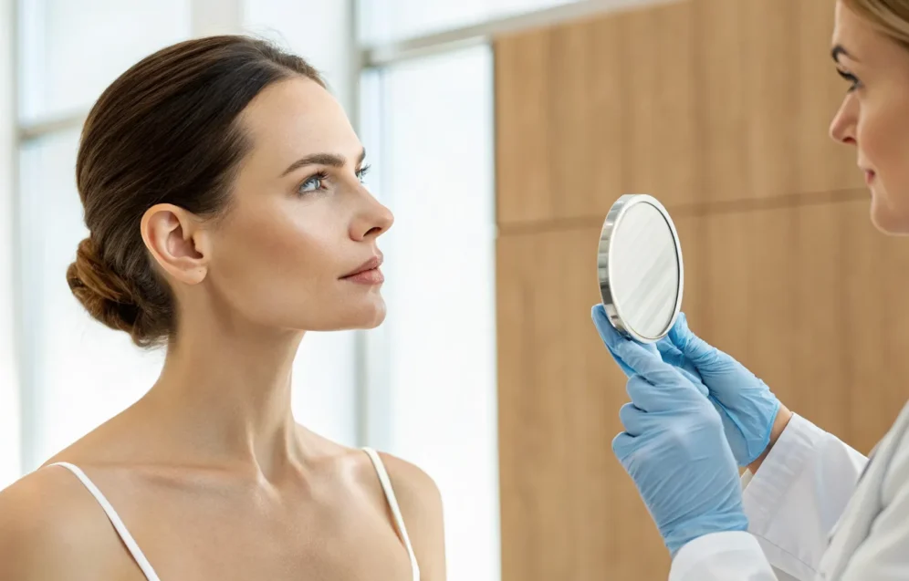 nose-filler-101-a-complete-beginners-guide-554861 Woman holding a mirror during a consultation for a nose filler treatment.