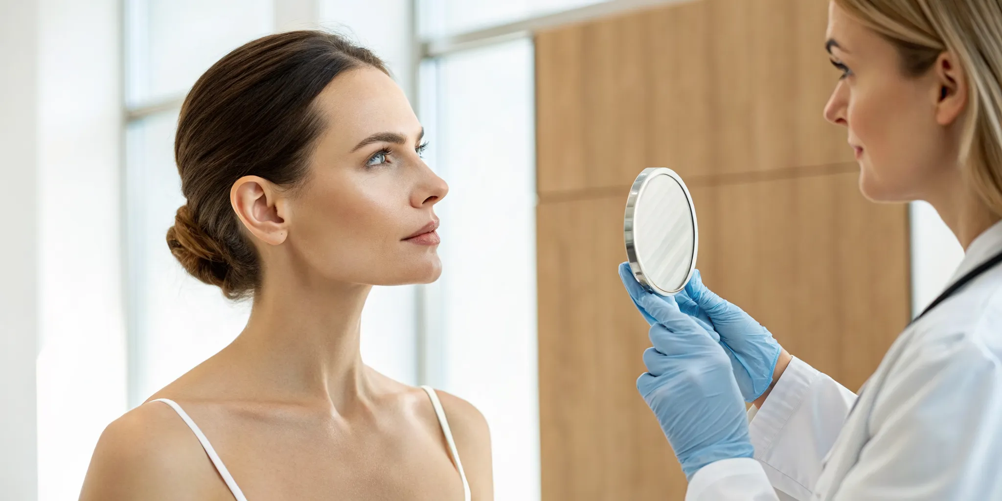Woman holding a mirror during a consultation for a nose filler treatment.