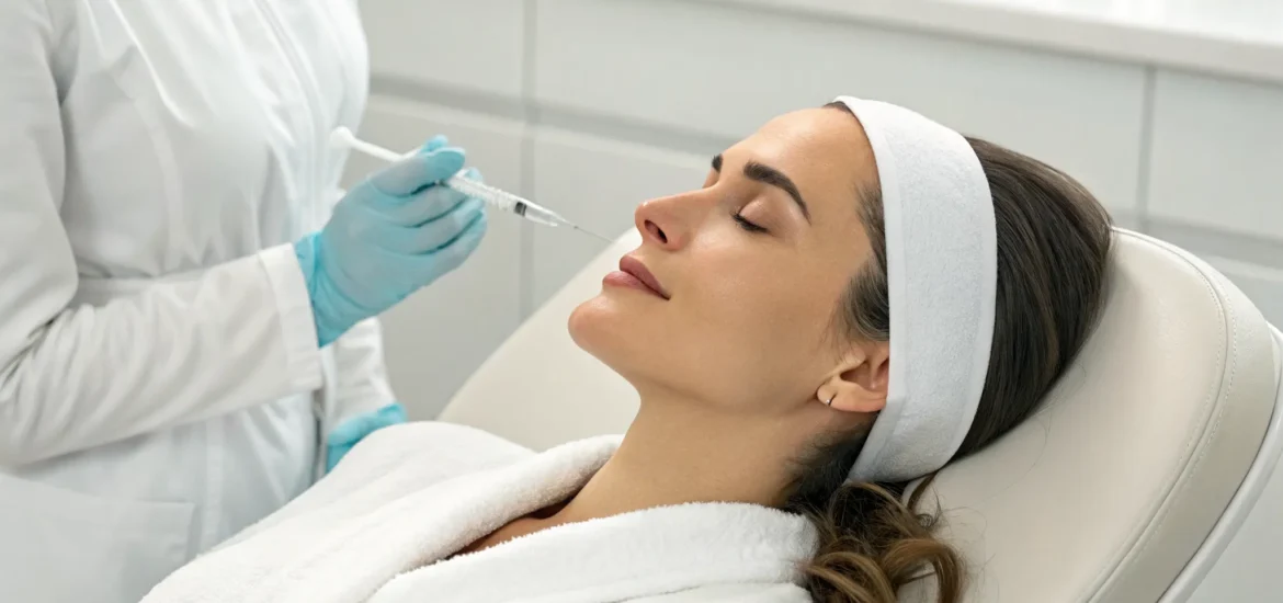 nose-reshaping-with-fillers-what-to-expect-357021 Woman undergoing nose reshaping with fillers by an expert injector.