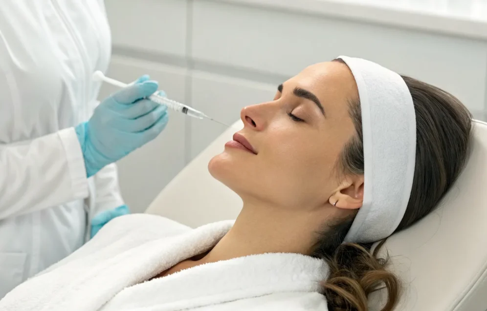 nose-reshaping-with-fillers-what-to-expect-357021 Woman undergoing nose reshaping with fillers by an expert injector.