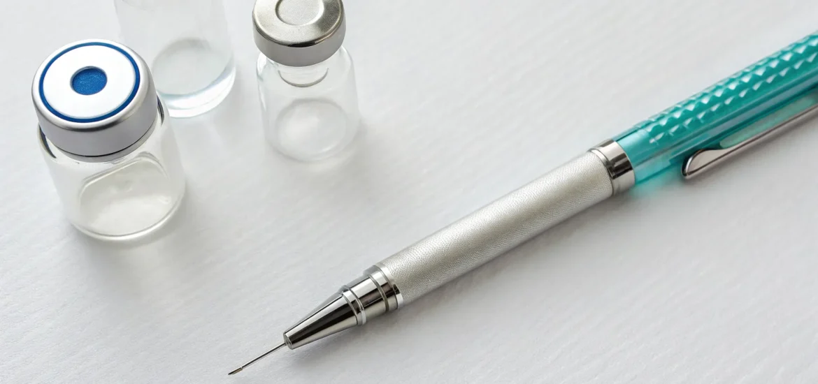 Skinny injection vials and a syringe pen for medical weight loss.