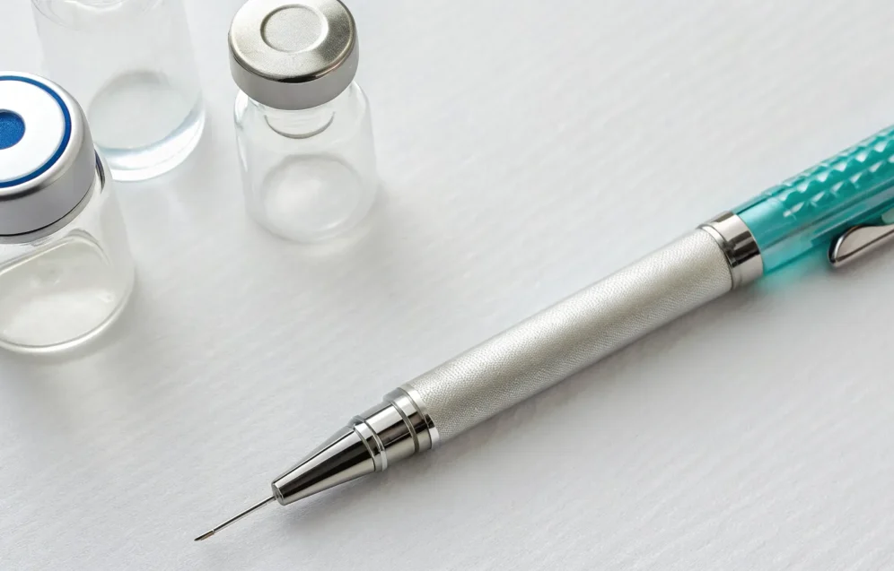 Skinny injection vials and a syringe pen for medical weight loss.