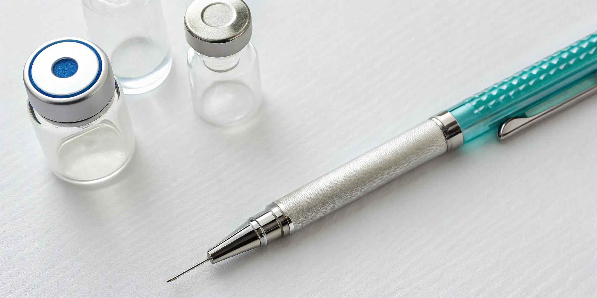 Skinny injection vials and a syringe pen for medical weight loss.