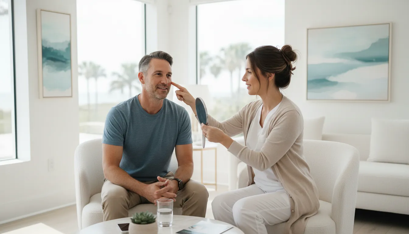 Patient discussing under eye filler Tampa concerns with a clinical provider