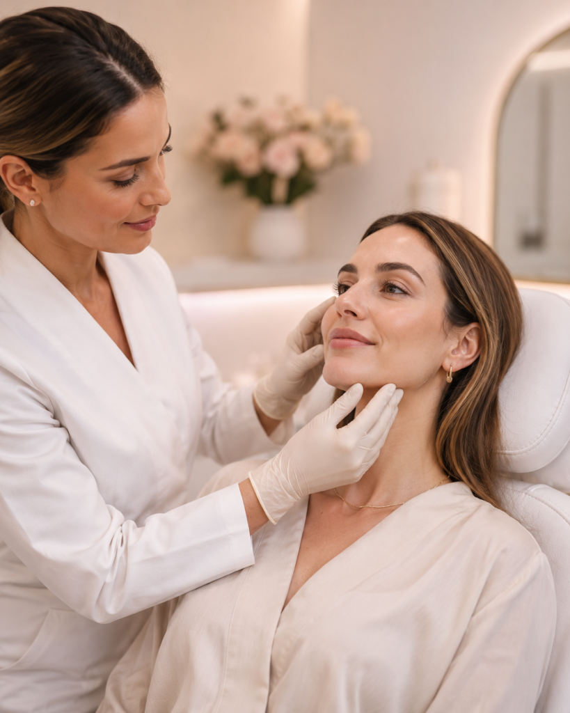 Provider assessing facial contour before a PDO threads treatment